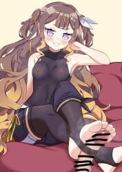 absurdres anya_melfissa asymmetrical_clothes black_leotard black_pants black_thighhighs blonde_hair blunt_bangs brown_hair censored covered_navel crossed_ankles disembodied_penis feet female foot_focus foot_out_of_frame footjob gradient_hair hair_ribbon head_rest highres hololive hololive_idol_uniform_(color_rise) hololive_indonesia kris_hair_ornament leotard light_blush long_hair multicolored_hair no_shoes pants penis penis_in_thighhigh purple_eyes ribbon scribble_censor second-party_source see-through_clothes see-through_leotard shirt short_eyebrows single_pantsleg sitting smell smug steaming_body streaked_hair sweat sweaty_armpits thighhighs toeless_legwear unworn_shirt very_long_hair virtual_youtuber wavy_hair white_ribbon yellow_background zedxxx