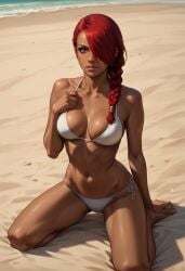1girls ai_generated arm_support beach bikini braid breasts breasts_out dark_skin dark_skinned_female demon demon_girl devil_may_cry devil_may_cry_2 female female_only hair_over_one_eye hair_over_shoulder kneeling looking_at_viewer lucia_(devil_may_cry) red_hair white_bikini