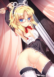 alternate_costume armpits blonde_hair blue_eyes blush bondage bottomless detached_sleeves enmaided female glasses hair_ribbon headdress maid maid_headdress mound_of_venus nakajou navel neck_ribbon nipples payot pussy red-framed_glasses revision ribbon short_hair solo suwako_moriya sweat thighhighs tied_up touhou uncensored white_legwear