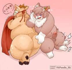 2024 96panda anthro ass balls belly big_belly big_butt blush bodily_fluids chinese_text deer dialogue drooling duo ear_piercing ear_ring erection fabulous_beasts genital_fluids genitals hi_res kemono lagomorph leporid male male/male mammal mask overweight overweight_male penis piercing precum rabbit ring_piercing saliva sibuxiang_the_deer_(fabulous_beasts) simple_background text tuye_(fabulous_beasts)