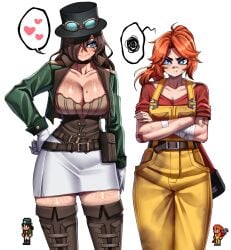 2025 2girls bandage bandaid bandaid_on_nose belt big_breasts blue_eyes blush blush_lines boots brown_hair choker cleavage dirty dirty_clothing female freckles freckles_on_breasts freckles_on_face freckles_on_thighs game_character goggles goggles_on_hat green_jacket grumpy hair_over_one_eye hat heart jacket looking_at_each_other mechanic_(terraria) miniskirt mole mole_on_breast orange_hair overalls pants pouch rageman709 re-logic red_shirt rivals sexual_tension small_breasts speech_bubble steampunk_goggles steampunker_(terraria) terraria thick_thighs white_background white_gloves white_miniskirt white_shirt wrench yellow_overalls