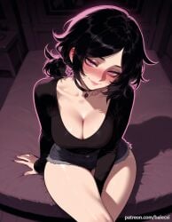 ai_generated ashley_graves balecxi black_choker black_hair black_shirt blush cleavage collarbone denim denim_shorts female large_breasts long_sleeves looking_at_viewer patreon_username pink_eyes short_shorts sitting smile solo the_coffin_of_andy_and_leyley thighs