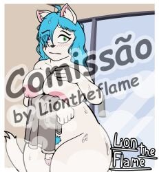 absurd_res anthro blush distracting_watermark domestic_cat extremely_distracting_watermark felid feline felis futanari genitals gynomorph hair heterochromia hi_res intersex liontheflame mammal penis shower solo steam watermark wet wet_hair