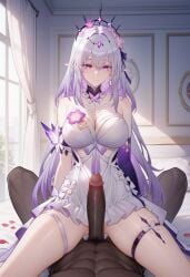 1girls ai_generated castorice_(honkai:_star_rail) cowgirl_position dark-skinned_male degenbrecher dress elf_ears female flowers honkai:_star_rail honkai_(series) hoyoverse imminent_sex large_breasts large_penis long_hair mihoyo purple_eyes white_dress white_skinned_female