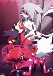 1boy 1girls aless_(corazonarts) ass bare_arms bare_breasts bare_legs bare_shoulders bare_thighs big_breasts big_penis bite_mark breasts color corazonarts demon demon_boy demon_girl demon_horns demon_tail female hellhound helluva_boss hi_res imp kiss_mark large_breasts long_hair looking_pleasured loona_(helluva_boss) male male/female male_penetrating millie_(helluva_boss) moxxie_(helluva_boss) nipple_piercing nipples nude nude_female nude_male penetration penile_penetration penis penis_in_pussy pierced_nipples piercing pleasure_face pussy red_body red_skin sex sharp_teeth short_hair swinging tagme thick_thighs vaginal_penetration white_hair wolf wolf_ears wolf_girl wolf_tail