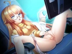 ahoge amakubo_yuri anus blonde_hair censored chair clothes_lift computer female female_masturbation fingering game_cg glasses inoino jewelry kouyoku_senki_exs-tia lab_coat large_variant_set long_hair m_legs masturbation monitor mosaic_censoring necklace non-web_source official_art open_mouth orange_hair panties panties_around_one_leg pink_panties pussy pussy_juice ribbed_sweater screen semi-rimless_eyewear sitting skirt solo spread_legs sweater turtleneck turtleneck_sweater under-rim_eyewear underwear variant_set yellow_eyes yellow_sweater