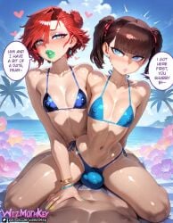 ai_generated ball_bulge beach bikini blue_bikini blue_eyes blue_sky blush brown_hair bulge bulge_through_clothing cloud covered_nipples day earrings english_text eyelashes eyeshadow femboy flower freckles green_lipstick heart jewelry lipstick male male_focus multiple_boys nail_polish navel nipple_bulge nipples_visible_through_clothing ocean otoko_no_ko palm_tree penis penis_bulge piercing pink_lipstick puffy_lips red_hair scrossdressing sky swimsuit testicles trap tree wizmothkey yaoi