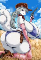 anthro ass big_breasts big_butt bikini breasts butt_focus clothing cloud cowboy_boots cowboy_hat curvy_figure ear_piercing ear_ring eyeshadow female freckled_breasts freckled_butt freckles fullcolor furry furry_breasts furry_only genitals glistening glistening_body glistening_breasts glistening_butt gloves green_eyes hair high_heels huge_breasts huge_butt huge_hips hyper hyper_ass hyper_breasts hyper_butt hyper_hips jewelry long_hair looking_at_viewer makeup meowtat outside overweight panties piercing plump_labia pussy ring_piercing sheriff sky smile solo squish stockings tail thick_thighs tree underwear wide_hips