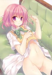 :o absurdres blush couch female flower hair_flower hair_ornament hair_twirling highres looking_at_viewer lying momo_velia_deviluke mound_of_venus navel on_back open_mouth pink_hair purple_eyes pussy scan school_uniform short_hair solo to_love-ru to_love-ru_darkness uncensored wnb_mark