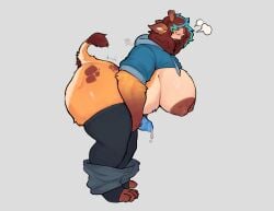 2025 absurd_res anthro arched_back areola bent_over big_areola big_breasts big_nipples bigcozyorca biped black_clothing black_legwear black_stockings blue_hair blue_penis bodily_fluids bottomwear bottomwear_down breasts brown_areola brown_body brown_fur brown_hair brown_nipples clothed clothing digital_media_(artwork) dripping fur futanari genital_fluids genitals giraffe giraffid gynomorph hair hair_over_eyes hi_res huge_breasts intersex jackie_(bigcozyorca) legwear mammal multicolored_hair nipples pants pants_down partially_clothed penis precum precum_drip raised_tail solo stockings tail two_tone_hair white_body white_fur yellow_body yellow_fur