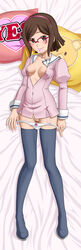 areolae black_legwear blush boots bow bow_panties breasts brown_eyes brown_hair censored cleavage condom condom_in_mouth covered_nipples dakimakura erect_nipples female female glasses gundam gundam_build_fighters highres kousaka_china looking_at_viewer lying mosaic_censoring mouth_hold on_back open_clothes open_shirt panties panty_pull pussy red-framed_glasses school_uniform short_hair smile solo thigh_boots thighhighs tooo underwear white_panties