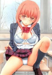 1girls :p bare_tree blazer blush bow bow_panties bowtie bra breasts cardigan classroom clothes_lift desk dress_shirt grey_socks highres indoors jacket kneehighs leg_lift loafers medium_breasts on_desk open_cardigan open_clothes open_jacket open_shirt original panties pink_eyes pink_hair plaid_clothes plaid_skirt pleated_skirt scan school_desk school_uniform shirt shoes sitting skirt skirt_lift socks solo takayaki tongue tongue_out tree underwear white_bra white_panties window