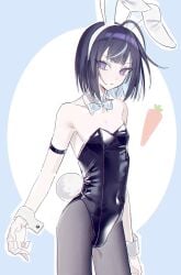 1boy ahoge animal_ears black_hair blue_hair bunny_boy bunny_ears bunnysuit ensemble_stars! purple_eyes sagiri_esu streaked_hair tail