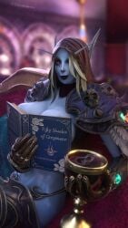 blizzard_entertainment blood_elf blue_skin book hood looking_at_viewer red_eyes sitting sylvanas_windrunner topless white_hair world_of_warcraft zentaeron