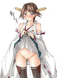 bare_shoulders blue_eyes blush boots brown_hair censored detached_sleeves hairband hiei_(kantai_collection) highres japanese_clothes kaminagi-tei kaminagi_(kaminagi-tei) kantai_collection no_panties nontraditional_miko personification pussy short_hair skirt skirt_lift solo thigh_boots thighhighs translated