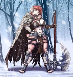 anthro armor axe balls black_claws blue_eyes bone bone_ear_ring bored bottomwear breasts cape claws clothing collar ear_piercing ear_stud facial_piercing fangs felid frozen fur fur_trim_(clothing) genitals gynomorph hair hi_res ice inner_ear_fluff intersex lake loincloth looking_at_viewer mammal monroe_(winterspell) muscular muscular_gynomorph muscular_intersex navel nose_piercing piercing pink_body pink_fur pink_hair prehistoric_species saber-toothed_tiger sabertooth_(anatomy) skull skull_accessory snow solo tattered_cape teeth ticl tuft unconvincing_armor weapon white_body white_fur