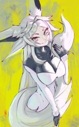 animal_ears artist_name breasts closed_mouth cowboy_shot dya_rikku_(vtuber) eyebrows_visible_through_hair facial_mark female fox_ears fox_tail furry hand_up large_breasts long_hair looking_at_viewer multicolored multiple_tails purple_eyes signature simple_background smile solo standing tail very_long_hair vyugen white_hair white_skin wolf_tail yellow_background