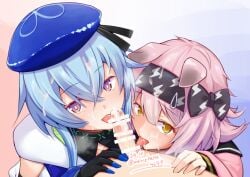 2boys animal_ears arknights artist_name bar_censor bisexual_male black_bow black_collar black_gloves black_hairband black_ribbon blue_background blue_hair blue_hat bow boy_and_girl_sandwich breath bright_pupils cat_ears cat_girl censored clothed_female_nude_male clothed_male_nude_male clothed_sex collar commentary_request cooperative_fellatio creator_connection crossed_bangs cum cum_on_body cum_on_hair cum_on_penis dated erection facial fellatio female floppy_ears from_above gloves goldenglow_(arknights) gradient_background group_sex hair_between_eyes hairband hairbow hat hat_ribbon infection_monitor_(arknights) licking licking_penis lightning_bolt_print lightning_bolt_symbol long_sleeves looking_at_viewer male marianne_hanako mizuki_(arknights) mmf_threesome multiple_boys nude oral otoko_no_ko penis pink_background pov pov_crotch print_bow print_hairband purple_eyes ribbon saliva saliva_on_penis saliva_trail sandwiched short_hair_with_long_locks teamwork_(sexual) threesome tongue tongue_out twitter_username variant_set white_pupils yellow_eyes