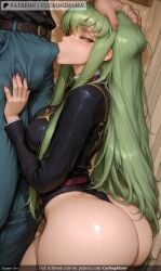 ai_generated ass belt blush breasts buckle bulge c.c. cuckingmama deepthroat erection erection_under_clothes fellatio female green_hair green_nails hand_on_another's_head long_hair nail_polish oral pants penis red_nails solo_focus straight tagme thong