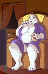 4_toes 5_fingers anthro areola areola_slip back2formula bathrobe big_breasts boss_monster_(undertale) bovid breasts caprine chair clothed clothing dessert dialogue eating electronics english_text exclamation_point eyebrows eyelashes feet female fingers floppy_ears food furniture hi_res horn huge_breasts ice_cream inside long_ears mammal mature_anthro mature_female navel obese obese_anthro obese_female overweight overweight_anthro overweight_female panties robe signature sitting solo television text thick_thighs toes toriel undertale_(series) underwear