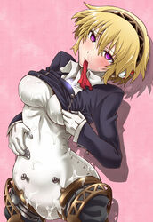 aegis_(persona) aigis_(persona) android blonde_hair blush cum cum_on_body female gynoid heart heart-shaped_pupils persona persona_3 purple_eyes ribbon school_uniform segami_daisuke short_hair solo symbol-shaped_pupils tears