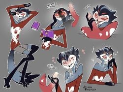 2025 anthro beak blitzo_(helluva_boss) blush bodily_fluids book clothed clothed_sex clothing cum cum_in_hair cum_in_mouth cum_inside cum_on_eye cum_on_face cum_on_hand cum_on_penis distracted duo english_text feet fellatio first_person_view flat_colors fluffy fluffy_chest full-length_portrait genital_fluids genitals grey_background grey_hairband hair half-length_portrait helluva_boss hi_res humanoid_genitalia humanoid_penis imp looking_at_another looking_at_genitalia looking_at_penis looking_at_viewer looking_pleasured male male/male one_eye_closed oral owl_demon penile penis pinup portrait pose presenting presenting_penis red_penis red_sclera rozalid sex simple_background stolas_(helluva_boss) surprised_expression talons text toes white_eyes wide_eyed