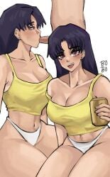 1boy 1girls age_difference artist_name artist_request beer before_and_after blowjob breasts cleavage drunk erection exposed_shoulders fellatio forced large_breasts looking_at_viewer misato_katsuragi neon_genesis_evangelion oral panties penis purple_hair questionable_consent shinji_ikari submissive_female tank_top thick_thighs voluptuous_female white_panties