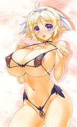 1girls bare_shoulders big_breasts bikini blonde_hair breasts covered_nipples elf female functionally_nude functionally_nude_female highres huge_breasts ishida_hiroyuki large_breasts looking_at_viewer micro_bikini mound_of_venus navel nipples original pointy_ears purple_eyes pussy see-through short_hair sole_female solo solo_female swimsuit uncensored wide_hips