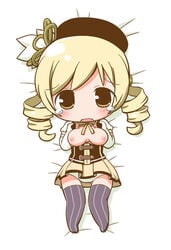 bed blonde_hair blush breasts chibi drill_hair female female_only gerotan hair_ornament hat human long_hair lying mahou_shoujo_madoka_magica nipples on_back open_clothes open_mouth panties solo tears thighhighs tomoe_mami twin_drills underwear yellow_eyes