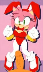 1girl ai_generated amy_rose blush bowtie bunny_ears bunnysuit clothed female female_focus gloves green_eyes male_pov nervous nude_male orange_skin penis pink_background pink_fur pixai red_bowtie red_bunny_ears red_bunnysuit red_heels red_leotard shy socks sonic_(series) sonic_the_hedgehog_(series) white_gloves white_pantyhose white_socks wrist_rings