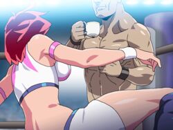 1boy animated bouncing_breasts breasts censored female fighting fighting_ring kick light_smile nighthawk_(circle) nude penis red_hair short_hair sportswear tea