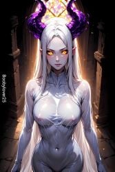 ai_generated beautiful boobylover25 dragon_girl glowing_eyes golden_eyes horned_humanoid long_hair pale_skin platinum_blonde_hair see-through see-through_clothing tight_clothing visible_nipples