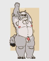 anthro ass balls belly body_hair canid canine digital_media_(artwork) foreskin fur genitals hair hi_res humanoid_genitalia humanoid_penis male mammal moobs multicolored_body multicolored_fur nipples nude overweight overweight_anthro overweight_male penis pubes ruffonaut simple_background solo stretching stretching_back tail teeth_showing thick_thighs uncircumcised