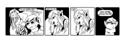 chilchuck_tims delicious_in_dungeon dialogue dungeon_meshi english_text female furs greyscale leed_(dungeon_meshi) male male/female messing monochrome orc orc_female simple_background sweatdrop sweating thicc