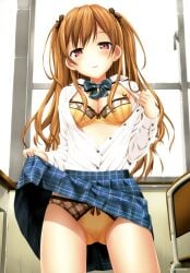 1girls absurdres blush bow bow_bra bow_panties bowtie bra breasts brown_hair chair cleavage clothes_lift desk dress_shirt ear_piercing hair_ribbon hairbow highres lifting_own_clothes long_hair medium_breasts melonbooks open_clothes open_mouth open_shirt opened_by_self panties partially_unbuttoned piercing plaid_clothes plaid_skirt plaid_trim red_eyes ribbon school_chair school_desk school_uniform shirt skirt skirt_lift smile solo standing takayaki two_side_up underwear window yellow_bra yellow_panties