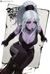 ai_generated bare_shoulders black_footwear black_gloves black_leotard black_pants blood blood_on_face boots breasts breasts_apart cleavage collar collar_spikes colored_skin dota_2 drow_ranger elbow female fingerless_gloves gloves hair_between_eyes highleg large_breasts leotard long_hair looking_to_the_side makeup medium_breasts pants ponytail purple_lips purple_skin red_eyes solo spiked traxex watermark white_hair