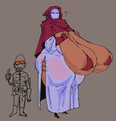 1boy 1girls areolae big_breasts bikini_top breasts curvaceous curvaceous_female curvaceous_figure curvy_body dark-skinned_female dark_skin dress enormous_breasts female freckles_on_breasts gigantic_breasts gloves grey_background hood huge_breasts huge_thighs large_breasts male mask masked masked_female masked_soldier_(metal_slug_5) massive_breasts mature_female metal_slug robe size_difference snk special_forces_(metal_slug_5) submarichamomi2 thick_thighs top_heavy voluptuous voluptuous_female