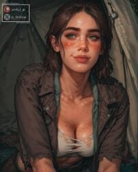 1girls ai_generated aisinful breasts brown_hair cleavage ellie_(the_last_of_us) ellie_williams female female_only hi_res medium_breasts solo the_last_of_us the_last_of_us_2 torn_clothes