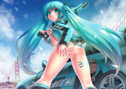 :3 :p anus aqua_eyes aqua_hair ass blush bottomless breasts bridge car cloud emperpep female from_behind from_below gun hair_ribbon hand_on_ass hatsune_miku jacket kneehighs long_hair looking_back markings motor_vehicle nail_polish nipples open_clothes open_jacket open_shirt outdoors over_shoulder pubic_hair pussy raised_eyebrow ribbon shirt shotgun signature sky smile solo spread_ass standing star tied_hair tongue tongue_out twintails uncensored vehicle very_long_hair vocaloid weapon weapon_over_shoulder