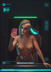 3d ass_grab breasts cd_projekt_red ciri completely_nude crossover cyberpunk_2077 eyeliner female freckles green_eyes light-skinned_female light-skinned_male looking_at_viewer male mascara mirror mirror_selfie nipples nude phone puckered_lips scar selfie the_witcher_(series) the_witcher_3:_wild_hunt tomoganim white_hair