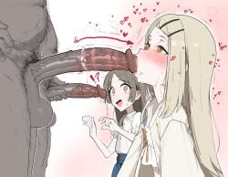 2boys 2girls blonde_hair blush brown_eyes brown_hair fellatio female fried_bocky gakuen_idolmaster hair_ornament idolmaster kuramoto_china long_hair long_sleeves male multiple_boys multiple_girls open_mouth oral orange_eyes parted_bangs penis shinosawa_hiro shirt simple_background tongue tongue_out uncensored upper_body white_shirt