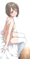 1girls absurdres bed bob_cut bra breasts brown_hair closed_mouth commentary from_side full_body hair_ornament hairclip highres love_live! love_live!_nijigasaki_high_school_idol_club nakasu_kasumi on_bed panties pink_eyes short_hair sitting small_breasts smile solo thighhighs thighs underwear v-shaped_eyebrows white_thighhighs yellow_bra yellow_panties yopparai_oni