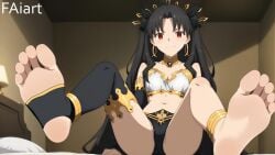 ai_female ai_generated armlet ass asymmetrical_legwear back bangs barefoot bikini black_hair black_panties black_ribbon black_thighhighs crown earrings faiart fate_(series) female foot_fetish foot_focus hair_ribbon hoop_earrings ishtar_(fate) jewelry long_hair looking_at_viewer red_eyes ribbon single_thighhigh sitting solo thighhighs thighs tiara