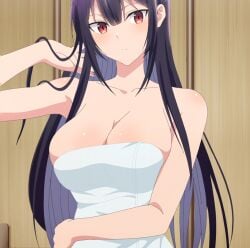 anime covered_nipples haitekudasai_takamine-san hand_on_head long_hair official_art official_style purple_hair red_eyes screencap screenshot shiny_skin stitched takamine_takane towel towel_only very_long_hair