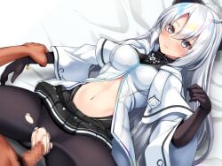1boy ahoge black_bow black_gloves black_pantyhose black_skirt blush bow breasts censored clothing_cutout dress duel_masters duel_masters_play's female gloves grey_eyes grey_hair hairbow hero-c-164 highres kanon_(duel_masters) long_hair looking_at_viewer male medium_breasts mosaic_censoring navel_cutout pantyhose pleated_skirt pubic_hair pussy sex skirt torn_clothes torn_pantyhose vaginal_penetration