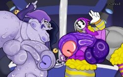anthro balls belly big_balls big_penis bodily_fluids cluelewd deltarune duo genitals gesture hand_gesture hi_res huge_cock hyper hyper_genitalia hyper_penis imp jevil_(deltarune) male male/male middle_finger penis sarmenti_(character) short_stack slightly_chubby slightly_chubby_male small_but_hung strip_club sweat sweatdrop sweaty_balls sweaty_genitalia sweaty_penis undertale_(series)