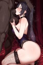 ai_generated ass big_ass big_penis blowjob breasts caressing_testicles choker dark-skinned_male fellatio fishnet_legwear fishnets from_side genshin_impact hairbow head_grab high_heels huge_ass huge_cock interracial kneeling large_penis mona_(genshin_impact) penis testicle_grab testicles thick_thighs thighs twintails veiny_penis wide_hips
