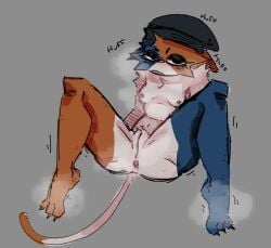 anthro beanie bodily_fluids calico_cat clothing domestic_cat epic_games felid feline felis female fortnite genitals hat headgear headwear hi_res mammal meow_skulls meow_skulls_(fortnite) musk musk_clouds pussy sinnerbuns solo sweat tired
