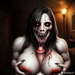 ai_generated bedroom big_breasts black_hair blood_in_mouth blood_on_face breasts claws dick empty_eyes female front_view frosting.ai gore holding_breast horror long_hair looking_at_viewer madworld123 monster monster_girl night red_eyes saliva sharp_teeth titjob titjob white_body