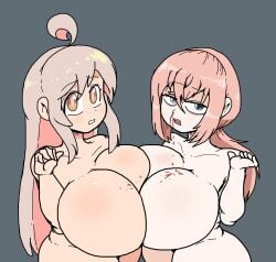 2girls ahoge big_breasts blue_eyes breasts crossover grey_background huge_breasts long_hair michinoku_komaro naked naked_female nosebleed nude nude_female onii-chan_wa_oshimai! oyama_mahiro pink_hair platinum_blonde_hair poopishness seitokai_nimo_anawa_aru! short_stack shortstack yellow_eyes